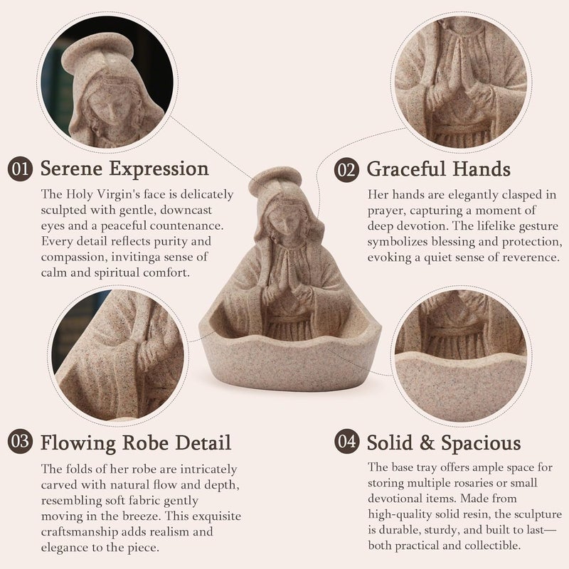 ULVEOL Virgin Mary Statue, Catholic Gifts for Women, Virgin Mary Keepsake Rosary Holder, 5.5" Blessed Mother Statues, Catholic Decor (Sandstone) - Image 5